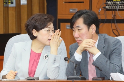 하태경 미래통합당 의원은 20일 “더불어민주당에 윤미향을 옹호해주는 사람은 많은데 정작 위안부 할머니를 옹호해주는 사람은 아무도 없나”라고 꼬집었다. 사진은 미래통합당 하태경 의원(오른쪽)과 김정재 의원이 지난 6일 국회에서 열린 원내대책회의에서 논의하고 있는 모습. 연합뉴스