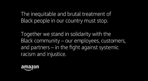 흑인을 향한 불공평하고 잔인한 처우가 중단되어야 한다고 밝힌 아마존. 아마존 트위터 계정 캡처
