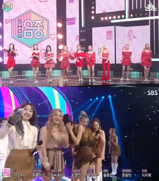 AR 반주가 재생되는 MBC ‘쇼!음악중심’ 무대(위)와 방송에서 앙코르 무대가 편집된 SBS ‘인기가요’(아래). 사진=유튜브 캡처