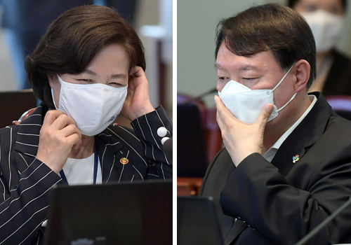 어색한 회동 22일 청와대에서 열린 공정사회 반부패정책협의회에 참석한 추미애 법무부 장관(왼쪽 사진)과 윤석열 검찰총장이 각각 마스크를 고쳐쓰고 있다. 청와대사진기자단