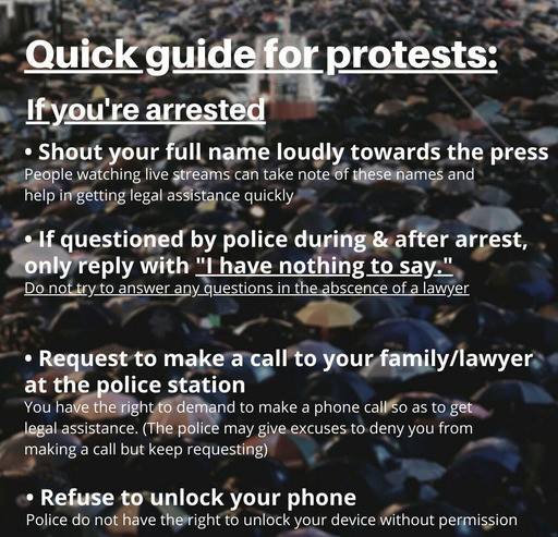 SNS(사회관계망서비스)에 공유되고 있는 홍콩 국가보안법에 따른 체포 대응법. SNS 캡처