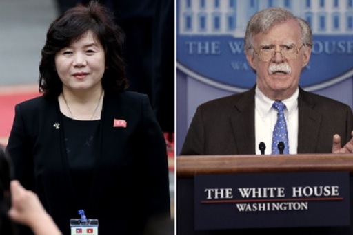 최선희 북한 외무성 제1부상(왼쪽)과 존 볼턴 전 백악관 국가안보보좌관. 연합뉴스