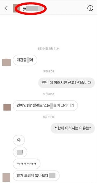 AOA 전 멤버 민아가 ‘y’로 시작하는 아이디(빨간 동그라미)를 가진 한 누리꾼에게 받은 악성 메시지를 공개했다. 민아 인스타그램 캡처