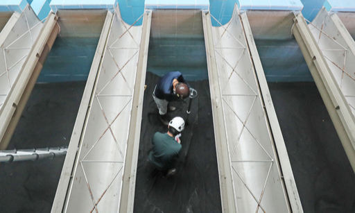 20일 경기도 용인시 상수도사업소 용인정수장에서 관계자들이 수질 검사를 위한 여과지 활성탄 검체 채취 작업을 하고 있다. 용인=뉴스1