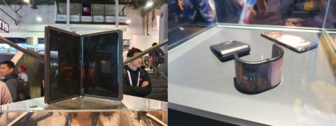 TCL이 콘셉트 버전으로 전시한 폴더블 폰(왼쪽)과 손목 등에 착용 가능한 웨어러블 기기, 클램셸 폴더블 폰. 작동되지 않는 모형이다. /구서윤 기자