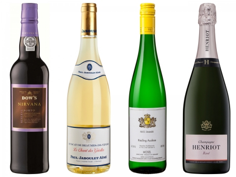(왼쪽부터)다우 너바나 리저브 포트, 폴 자불레 뮈스꺄 봄 드 브니즈, 프리츠 짐머 리슬링 아우스레제, 샴페인 앙리오 브뤼 로제. /나라셀라