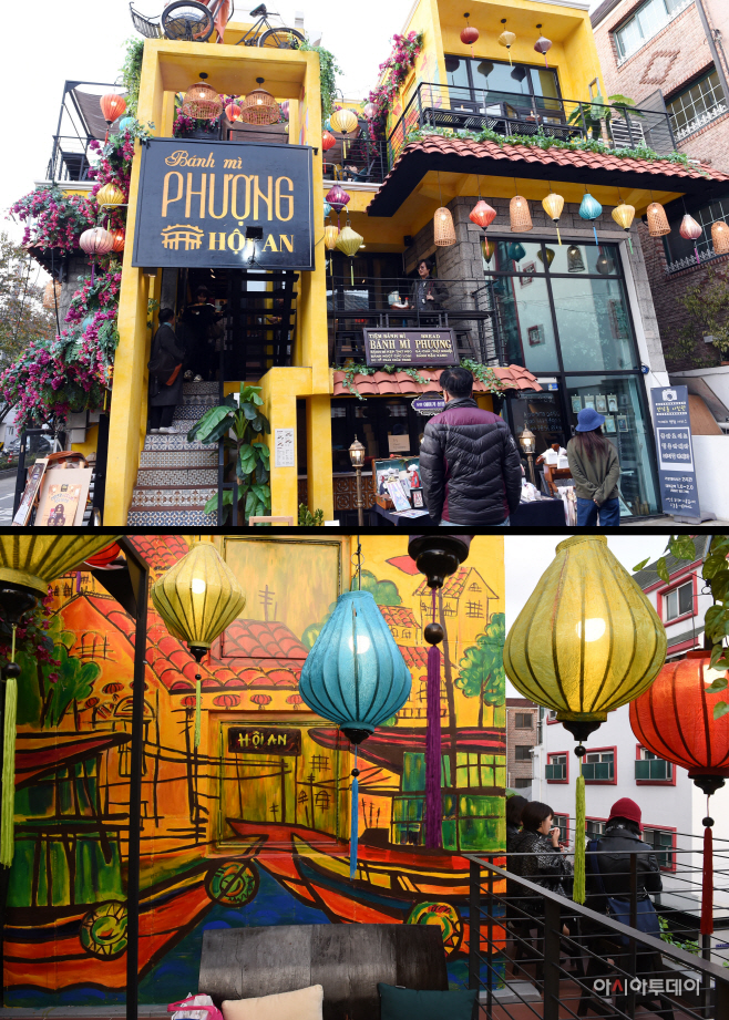 특이한 외관의 음식점인 베트남식 샌드위치 전문점 ‘반미프엉’. 쌀로 만든 부드러운 바게트에 신선한 야채와 고기를 넣은 ‘반미’를 맛보면 베트남 여행을 온 듯한 느낌을 받을 수 있다.