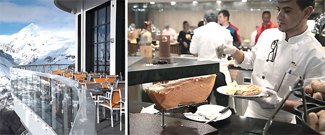 아크1600 스키마을의 클럽메드 레자크 파노라마 테라스 뒤로 보이는 타랑테즈 계곡(왼쪽). 클럽메드에서 맛보는 라클레트.