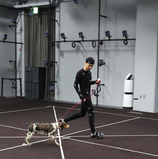 21일 경기 수원시 광교역 인근에 있는 엔씨소프트 ‘모션캡처 스튜디오’에서 온몸에 마커를 붙인 동물 배우 ‘엘티이’가 조련사와 함께 연기를 펼치고 있다. 엔씨소프트 제공