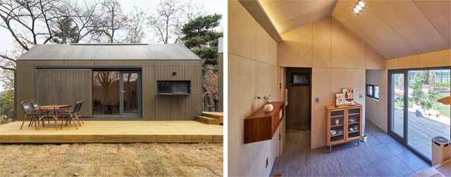 간삼생활디자인이 지난해 내놓은 이동식 목조주택 ‘ODM’의 외관(왼쪽 사진)과 내부. 20m겂 안팎이지만 건축가가 제대로 설계해 ‘갖출 건 다 갖춘’ 정식 주택이다. 공장에서 완성한 집을 주문지까지 배달, 설치해준다. 간삼생활디자인 제공