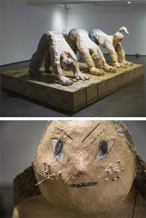 맥도날드에서 사용한 포장지, 박스를 활용해 만든 신민 작가의 ‘견상자세 중인 알바생들’. 아래 사진은 뺨에 뿔이 돋아난 ‘Side Effect’. OCI미술관 제공