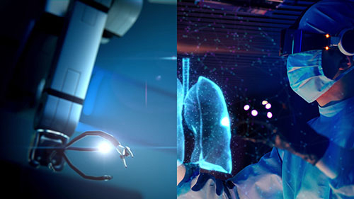 미래에는 로봇 수술과 영상 유도 수술이 널리 시행될 것으로 전망된다. 가상현실과 영상유도 기술을 활용해 수술하는 미래의 모습을 가상으로 만든 이미지. 왼쪽은 수술용 로봇이다. 자료 출처 고려대 의료원이 만든 ‘미래의 병원’ 영상