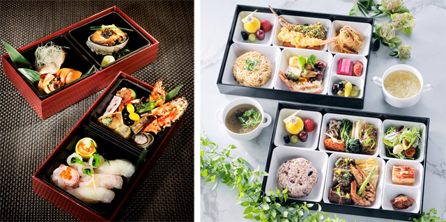 왼쪽은 서울 웨스틴조선호텔 일식 레스토랑 ‘스시조’의 도시락 배달 상품(4만7000∼13만2000원), 오른쪽은 그랜드 인터컨티넨탈 서울 파르나스의 뷔페 ‘그랜드 키친’ 픽업 도시락 상품(2만9000원). 각 사 제공