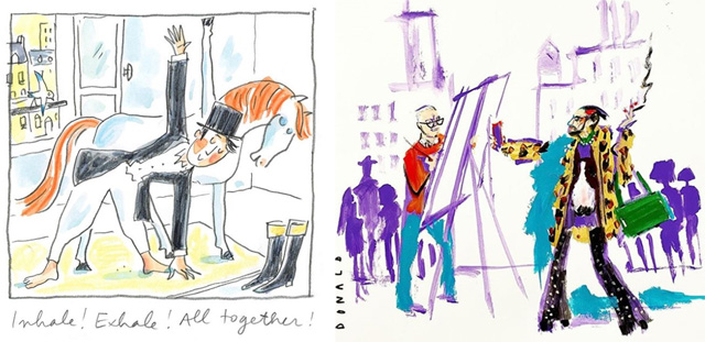 다양한 ‘집콕’ 활동을 일러스트레이션으로 보여주며 격리 생활에 지친 이들을 위로하는 명품 브랜드들. 왼쪽부터 에르메스 마크 제이콥스가 귀여운 그림체로 전하는 연대의 메시지들. 에르메스·마크 제이콥스 인스타그램