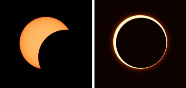 부분일식(좌), 금환일식(우) 사진=한국천문연구원
