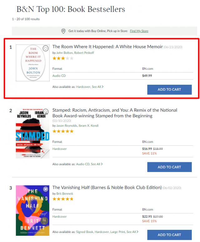 미국 대형 체인서점 반스앤드노블에서도 볼턴 전 보좌관의 회고록이 베스트셀러 1위에 올랐다. 반스앤드노블 홈페이지 캡처