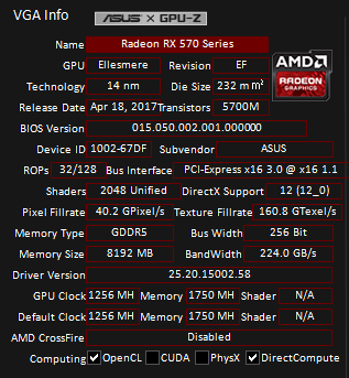 GPU-Z로 DUAL GTX 1660 Ti O6G의 내부 정보를 확인했다. 쉐이더(쿠다코어) 2,048개, 256bit GDDR5 8GB 메모리, 코어 클럭 1256MHz으로 표기된다.