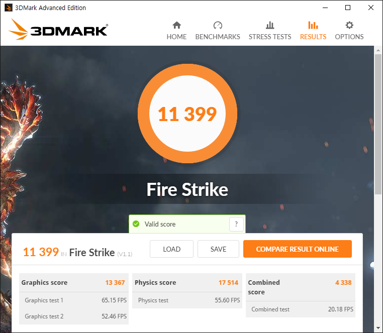 3DMARK 그래픽 스코어는 파이어 스트라이크(DX11) 기준으로 13,367점으로 측정됐다. 참고로 GTX 1060 6GB는 그래픽 스코어 14,000~13,000점대로 측정된다.