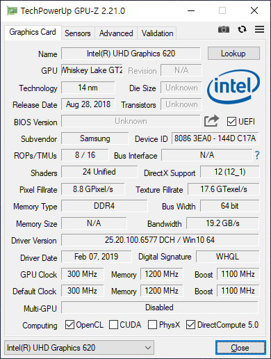 GPU는 내장 그래픽인 인텔 UHD 그래픽스 620이 탑재됐다.