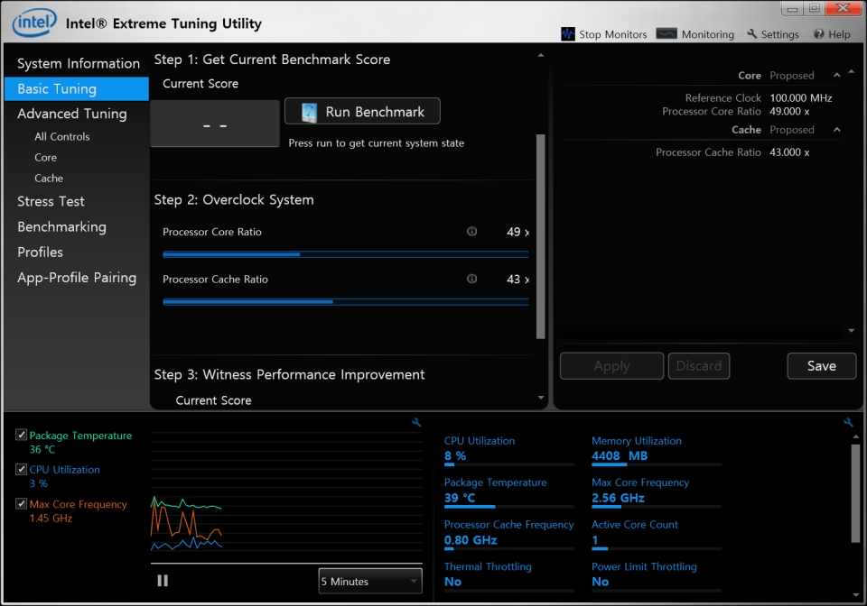 XTU 베이직 튜닝 메뉴. 벤치마크 실행 뒤 배수를 조절해 오버클럭을 진행할 수 있다.