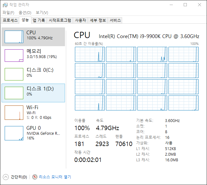 오버클럭이 진행된 상태에서 코어 i9-9900K의 올코어 부스트 속도. 4.8GHz로 표기된다. 이 정도면 간단하게 오버클럭을 진행할 수 있는 좋은 도구라 볼 수 있다.