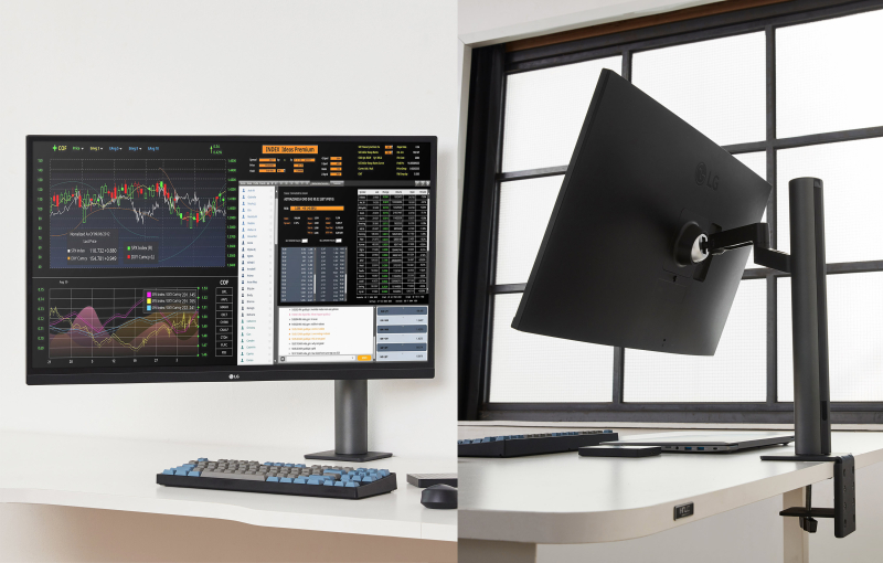 'LG 울트라파인 에르고' 모니터는 인체공학적 설계가 적용되어 증권거래, 영상편집, 음악작업 등 다양한 작업환경에서 편리하게 사용할 수 있다.