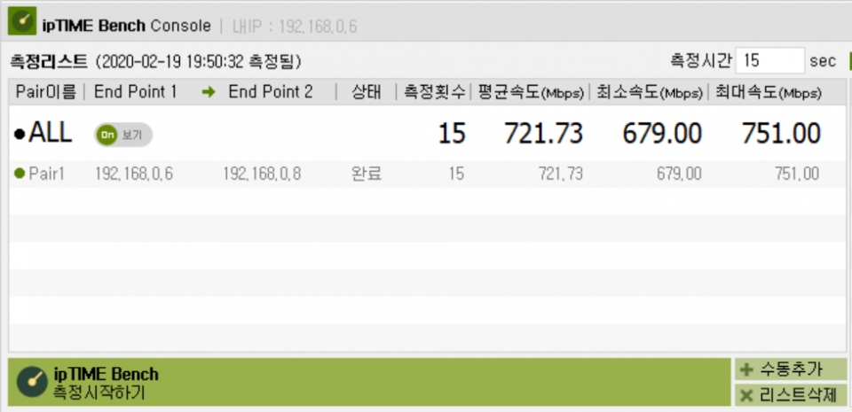 스마트폰 삼성전자 갤럭시 노트10+를 A8004BCM에 연결한 뒤 ipTIME Bench로 속도를 측정했다. 최대 속도가 751Mbps로 측정됐다. 802.11ac 공유기 중에서는 가장 빠른 편이라 볼 수 있다.