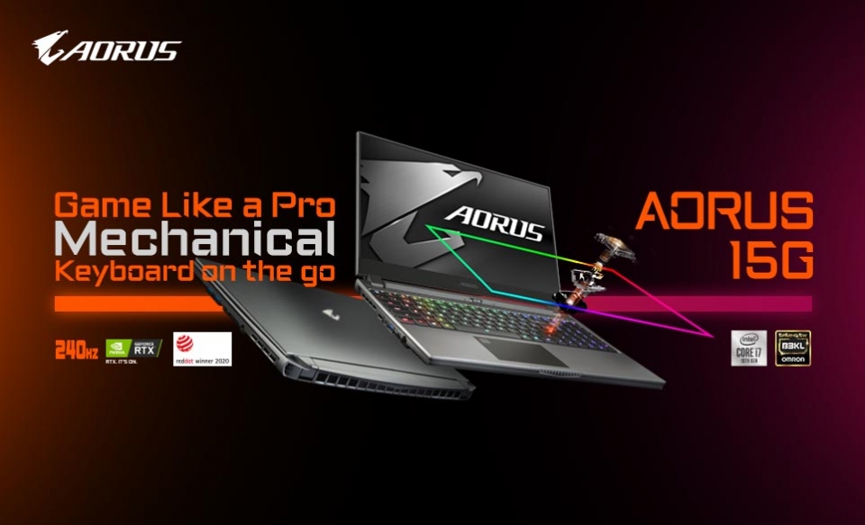 인텔 10세대 코어 프로세서가 탑재된 기가바이트 어로스 15. 슬림형 게이밍 노트북이지만 옴론 LP 청축 기계식 키보드가 탑재됐다.
