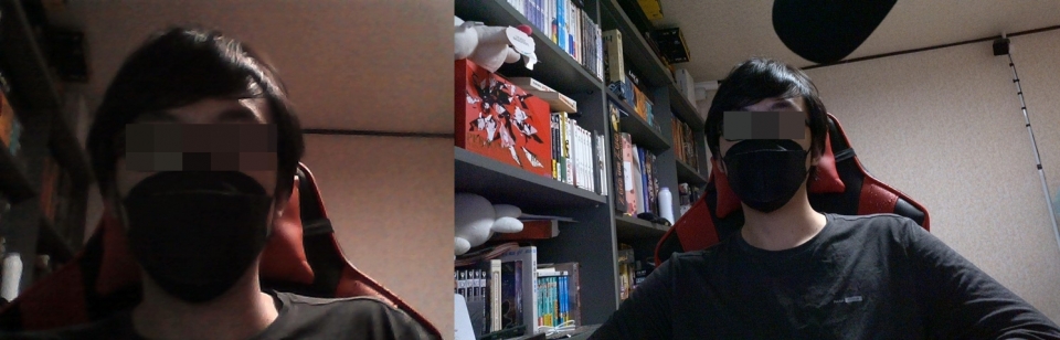 노트북 내장 웹캠(왼쪽)과 캠링크(오른쪽)의 화질을 비교했다. 캠링크가 더 넓은 화각을 지녔으며, 선예도, 해상도 등도 압도적으로 우수하다.