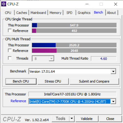 최대 4.9GHz로 작동하는 코어 i7-10510U가 탑재됐다. CPU-Z 벤치마크 결과 데스크톱 프로세서인 인텔 코어 i7-7700K와 유사한 점수를 기록했다.