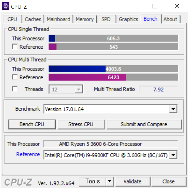 라이젠 5 3600. 싱글, 멀티 스레드 둘 다 코어 i9-9900KF의 상대가 될 수 없다.