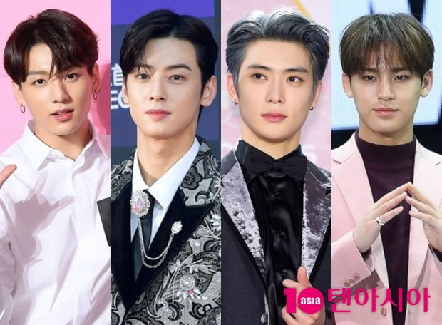 그룹 방탄소년단의 정국(왼쪽부터), 아스트로의 차은우, NCT의 재현, 세븐틴의 민규 / 사진=텐아시아DB