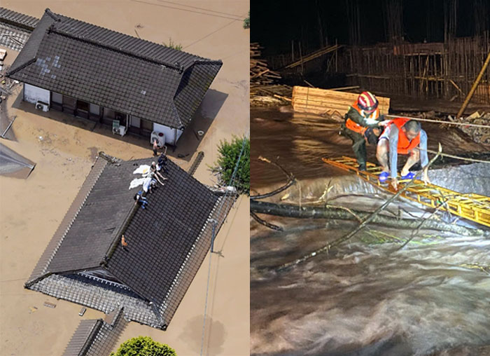 사진 왼쪽이 일본 홍수 상황, 오른쪽이 중국.(AP 뉴시스, AP 연합뉴스)