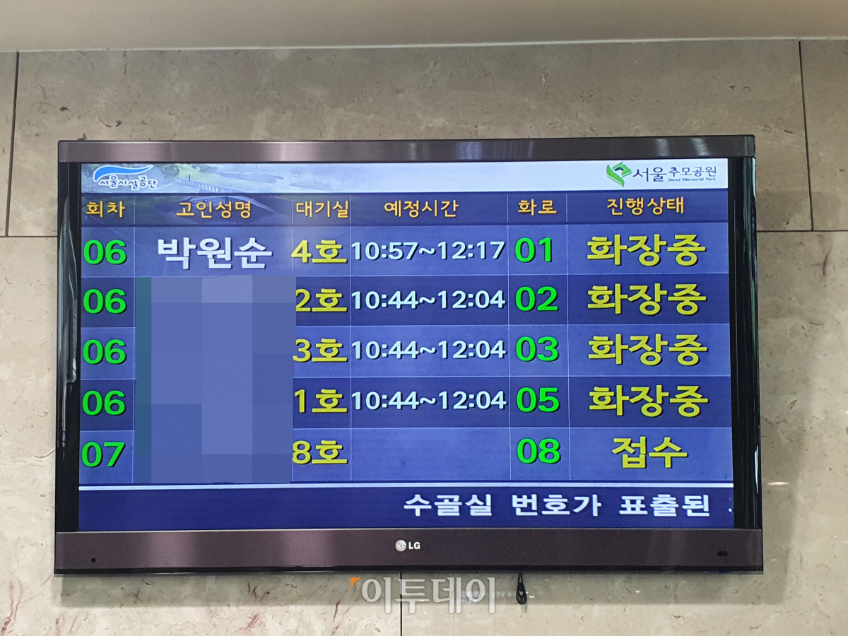 13일 서울 서초구 서울추모공원에서 고(故) 박원순 서울시장의 화장 절차가 진행되고 있다. 박 시장의 유해는 화장한 뒤 고향인 경남 창녕에 있는 묘소에 안장될 예정이다. deep@