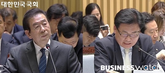 박원순 서울시장이 14일 오전 서울시청 대회의실에서 열린 행정안전위원회의 서울시 국정감사에서 의원의 질의를 듣고 있다./국회의사중계시스템