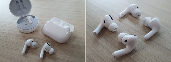 톤 프리와 애플의 '에어팟 프로'를 비교해봤다. 기본 크래들은 다르지만, 커널형의 콩나물 모양 이어버드는 아주 유사하다./사진=백유진 기자