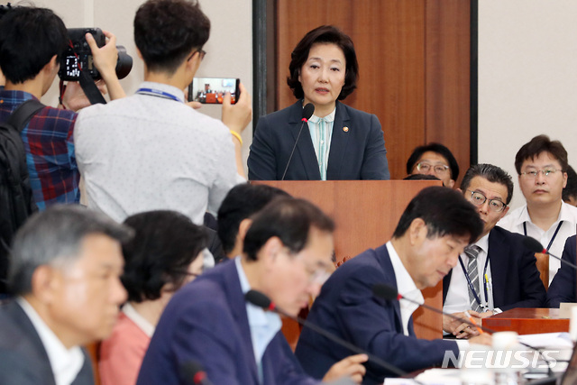 【서울=뉴시스】이종철 기자  = 16일 서울 여의도 국회에서 열린 산업통상자원중소벤처기업위원회 전체회의에 출석한 박영선 중소벤처기업부 장관이 업무 보고를 하고 있다. 2019.07.16. jc4321@newsis.com