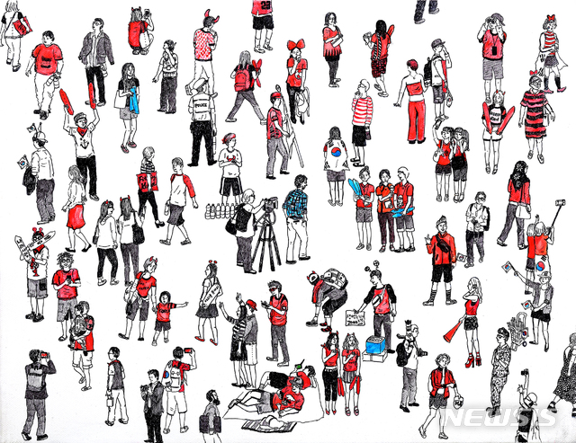 【서울=뉴시스】김진선, 2014. 06. 18, 브라질 월드컵, 광화문 (69명의 사람들 컬러포인트 레드아이템 51명), 2014, 캔버스에 혼합재료, 31.8×41cm