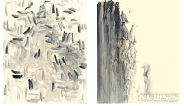 [서울=뉴시스] 이우환 '바람 100호' 작품 가격 비교. (사진왼쪽) 2006 최고가=With Winds, 1989, 캔버스에 유채, 162.2×130.3cm, 낙찰가:1억3000만원(K옥션 2006.12.13), 2019 최고가= 바람과 함께, 1990, 캔버스에 안료, 162.2×130.3cm, 낙찰가: 3억4000만원(K옥션 2019.09.24).