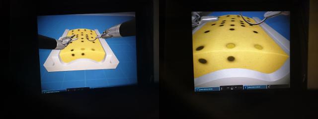 다빈치Xi의 왼쪽 화면을 통해 수술 가상 시뮬레이터 안의 실습 도구를 확대한 모습(오른쪽).