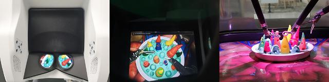 다빈치Xi 콘솔 화면 모습(왼쪽부터)과 화면을 통해서 본 미션도구 이미지, 로봇팔에 달린 집게가 수술대 위에 올려진 고리를 집어 이동하는 모습.