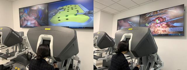 기자는 수술 가상 시뮬레이터를 통해 가상현실에서 바늘을 꿰매는 봉합 수술(왼쪽)과 전립선을 제거하는 수술을 해봤다.