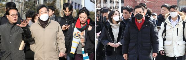 4·15 총선에서 더불어민주당 후보로 서울 종로 출마를 선언한 이낙연 전 국무총리가 9일 오후 서울 종로구 사직동을 방문, 마을을 둘러보고 있다.(사진 왼쪽) 같은 날 오후 서울 종로 출마를 선언한 자유한국당 황교안 대표가 모교 경기고등학교의 옛 부지인 서울 종로구 정독도서관을 둘러보고 있다.(사진 오른쪽)