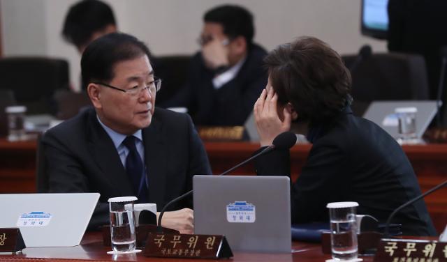 대화하는 정의용-김현미     (서울=연합뉴스) 한상균 기자 = 정의용 국가안보실장과 김현미 국토부 장관이 18일 청와대에서 국무회의 전 대화하고 있다. 2020.2.18     xyz@yna.co.kr/2020-02-18 11:30:52/ <저작권자 ⓒ 1980-2020 ㈜연합뉴스. 무단 전재 재배포 금지.>