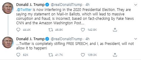 26일(현지시간) 트위터의 조치에 반발하는 도널드 트럼프 미국 대통령의 트윗.