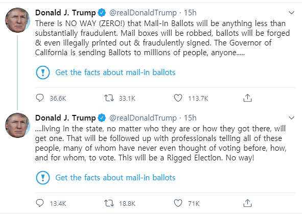 26일(현지시간) 우편투표 조작 음모론을 제기한 도널드 트럼프 미국 대통령의 트윗.