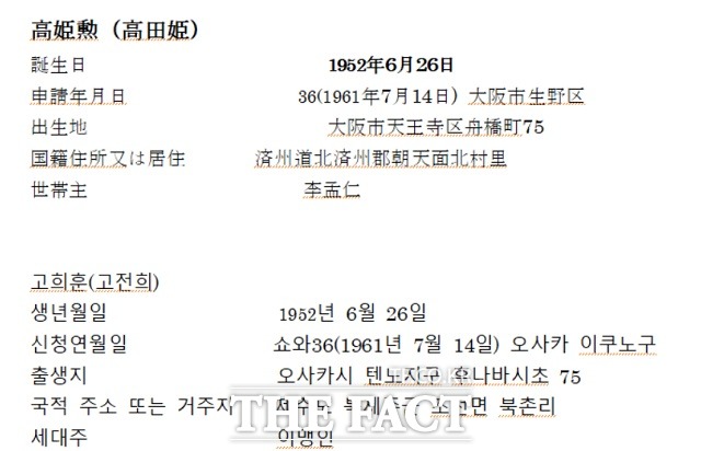 일본 데일리NK 도쿄 지국장 고영기 씨가 입수한 자료를 메모한 것에 따르면 김 위원장의 친모 고용희는 출생 후 9년 뒤인 1961년 7월 14일에야 당국에 신고됐다. /정성장 세종연구소 수석연구위원 제공