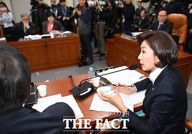 나경원 자유한국당 원내대표가 지난달 31일 국회 운영위원회 전체회의에서 출석한 청와대 조국 민정수석, 임종석 비서실장을 상대로 질의하고 있다. /배정한 기자