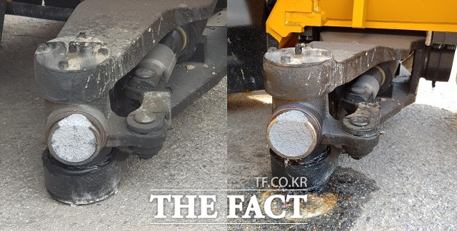 사고 직후 유족이 촬영했던 지게차 뒷바퀴 절단면(왼쪽)과 사고 이틀 뒤 현대건설기계 관계자들이 왔다간 이후 절단면의 모습. /유족 제공