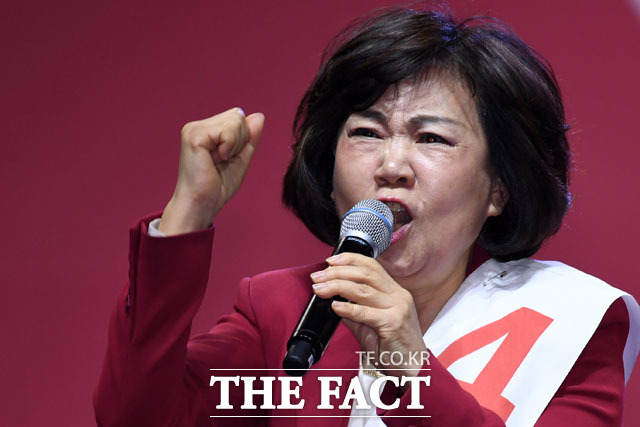 김순례 자유한국당 최고위원 후보가 27일 오후 경기도 고양 킨텍스에서 열린 자유한국당 제3차 전당대회에 참석해 정견발표하고 있다. /남윤호 기자